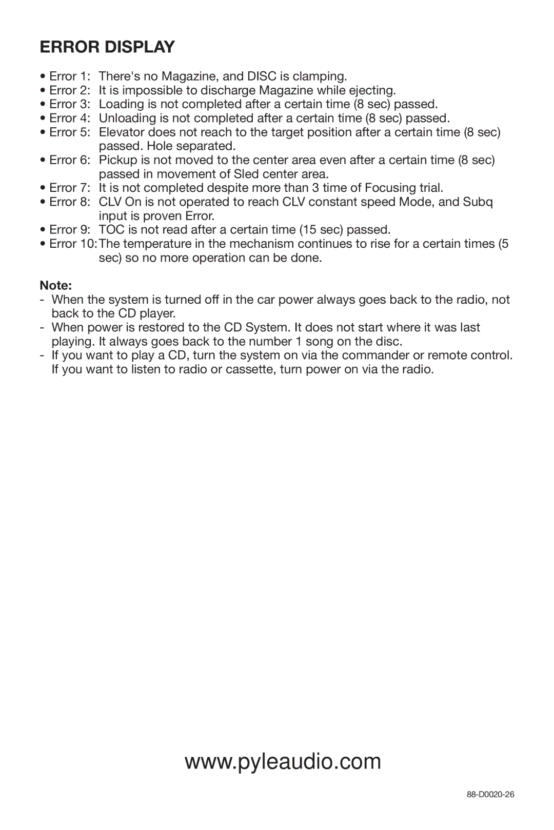 PYLE Audio DISC CD CHANGE instruction manual Error Display 