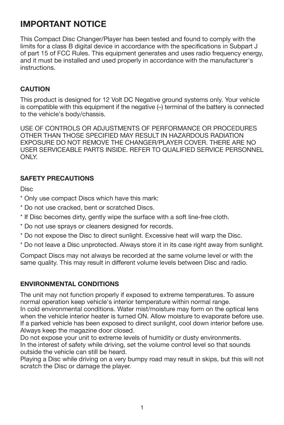 PYLE Audio DISC CD CHANGE instruction manual Important Notice, Safety Precautions, Environmental Conditions 