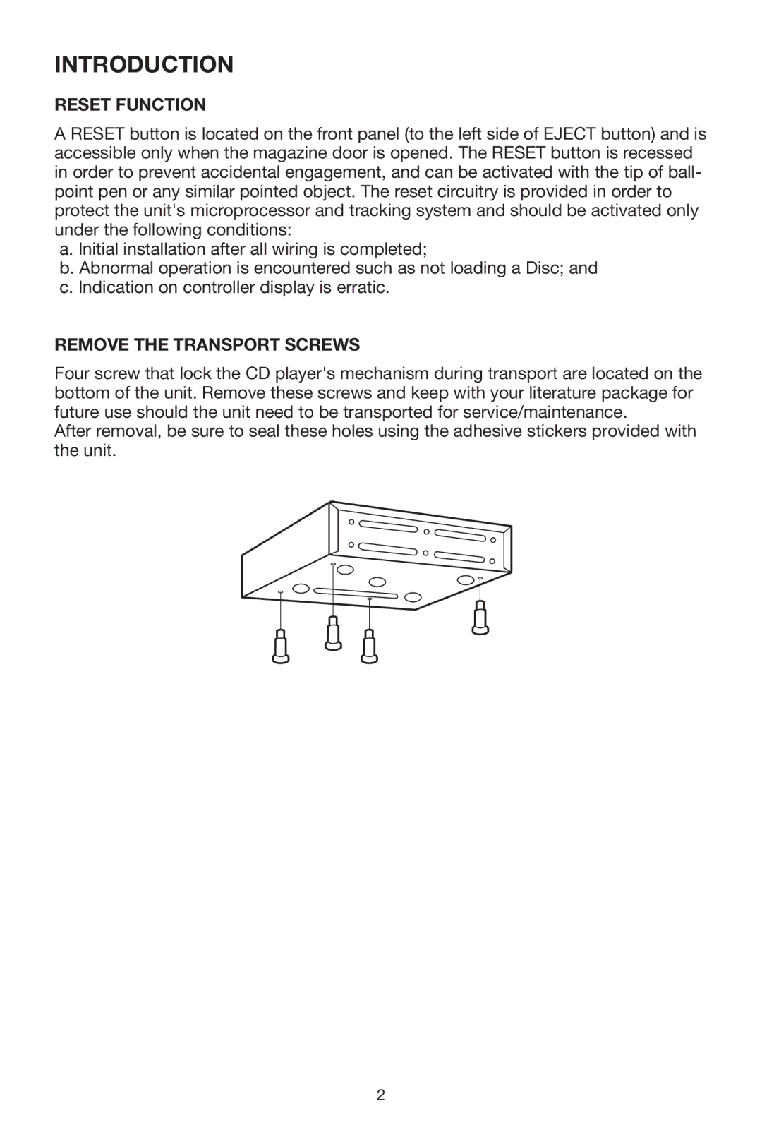 PYLE Audio DISC CD CHANGE instruction manual Introduction, Reset Function, Remove the Transport Screws 