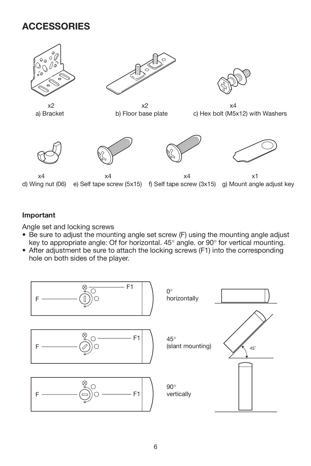 PYLE Audio DISC CD CHANGE instruction manual Accessories, Angle set and locking screws 