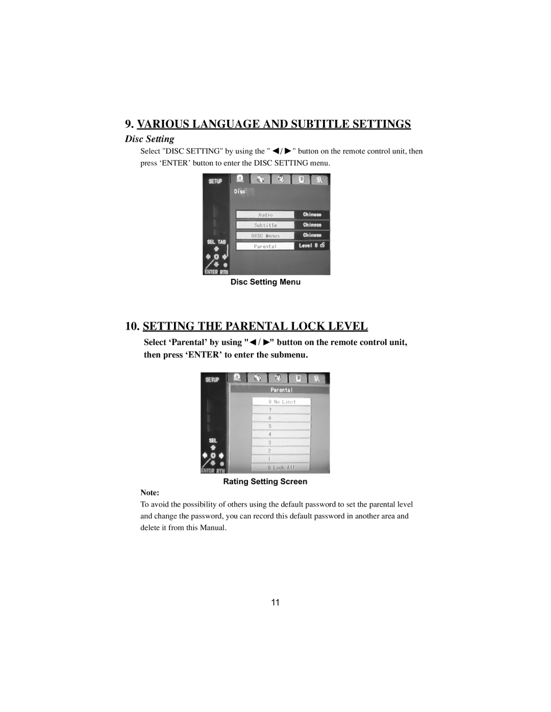 PYLE Audio DVD manual Various Language and Subtitle Settings, Setting the Parental Lock Level, Disc Setting 