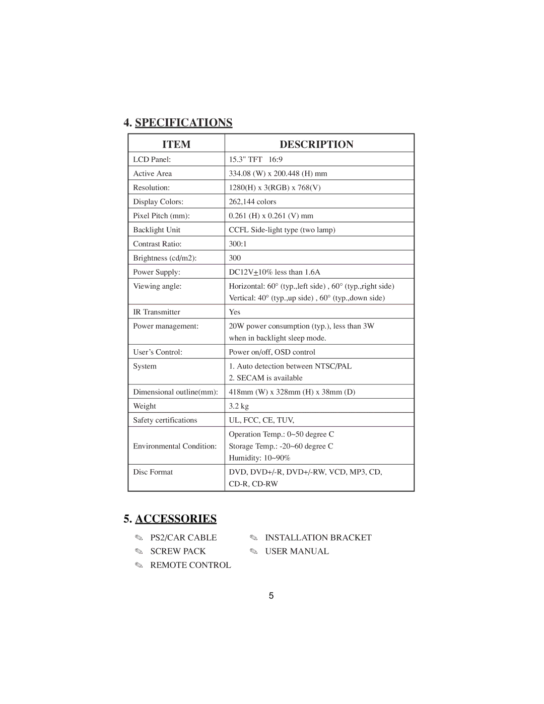 PYLE Audio DVD manual Specifications, Accessories 