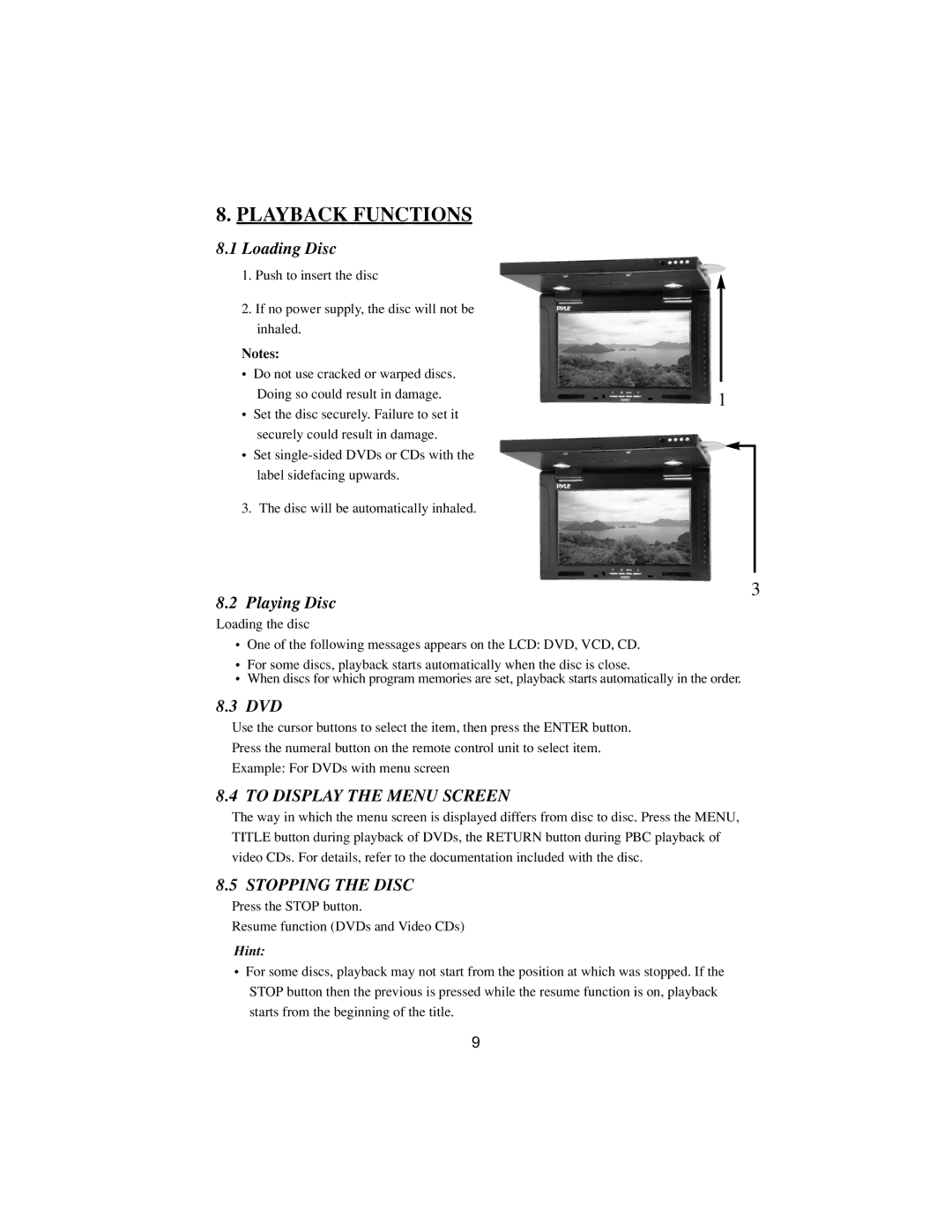 PYLE Audio DVD manual Playback Functions, To Display the Menu Screen, Stopping the Disc 