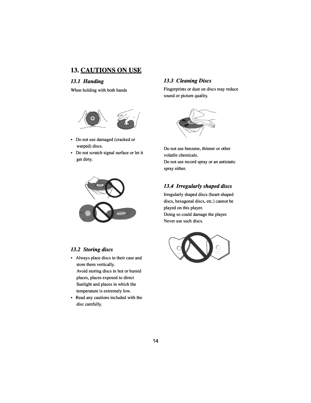 PYLE Audio DVD manual Cautions On Use, Handing, Cleaning Discs, Storing discs, Irregularly shaped discs 