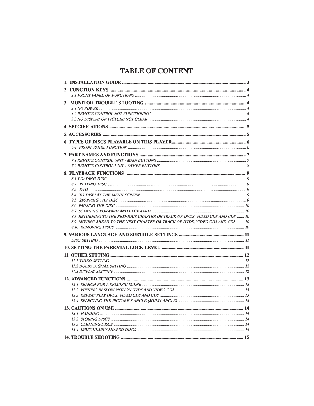 PYLE Audio DVD manual Table Of Content, Trouble Shooting 