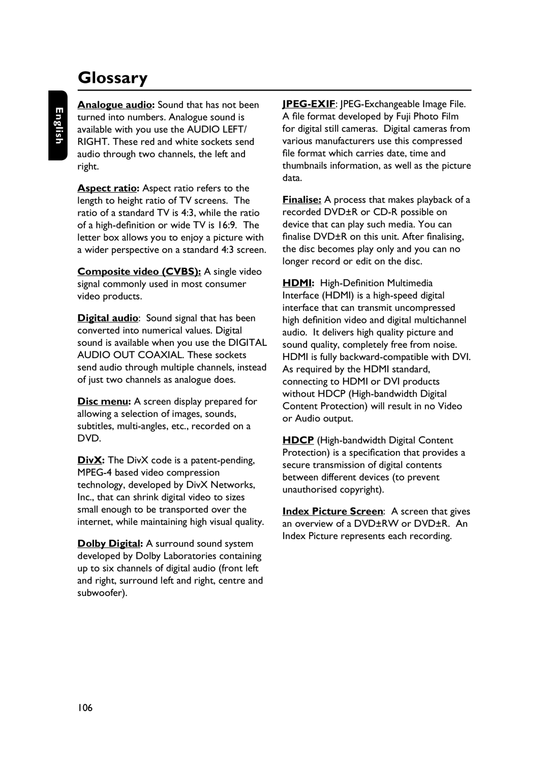 PYLE Audio DVDR5520H user manual Glossary, 106 