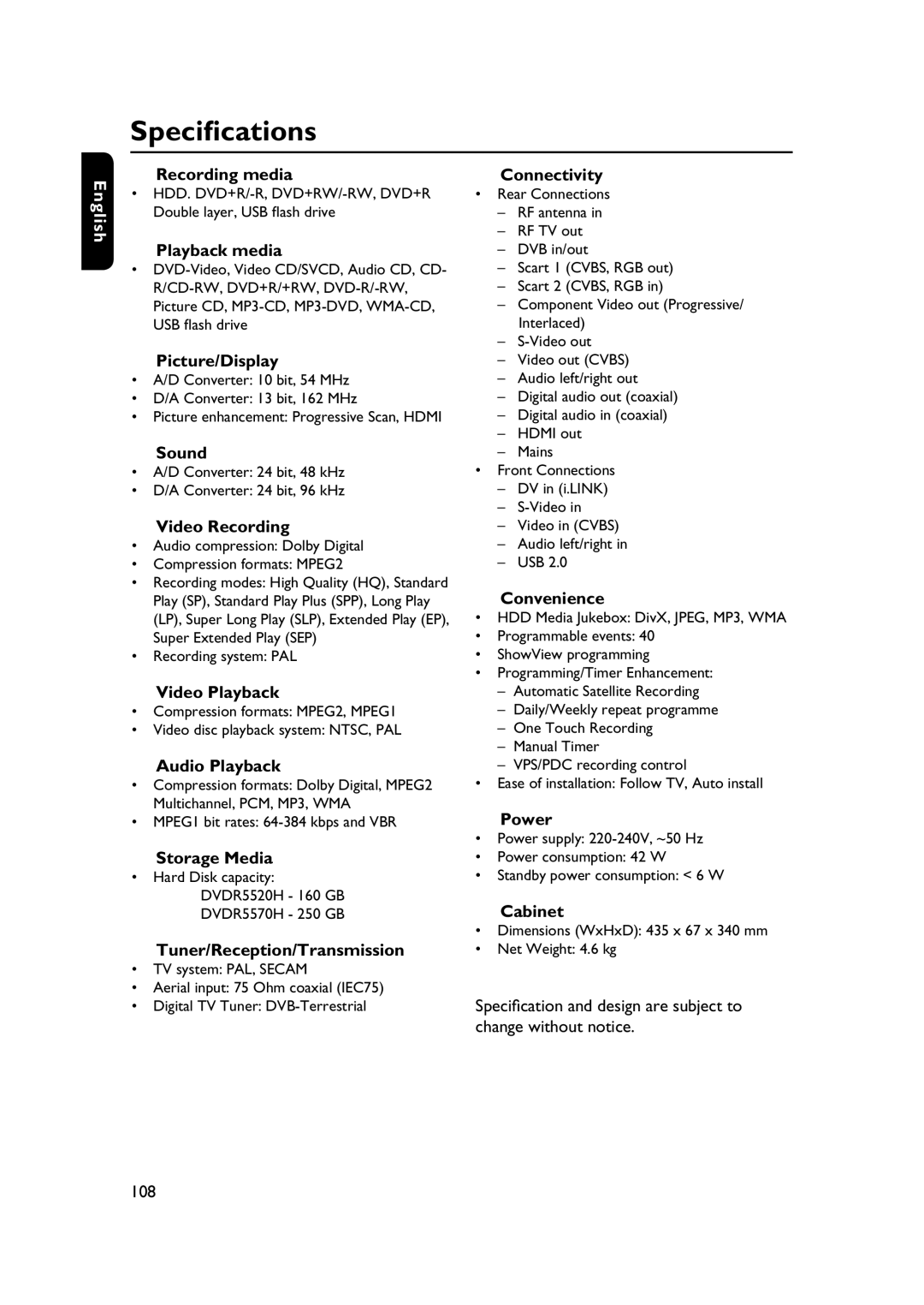 PYLE Audio DVDR5520H user manual Specifications 