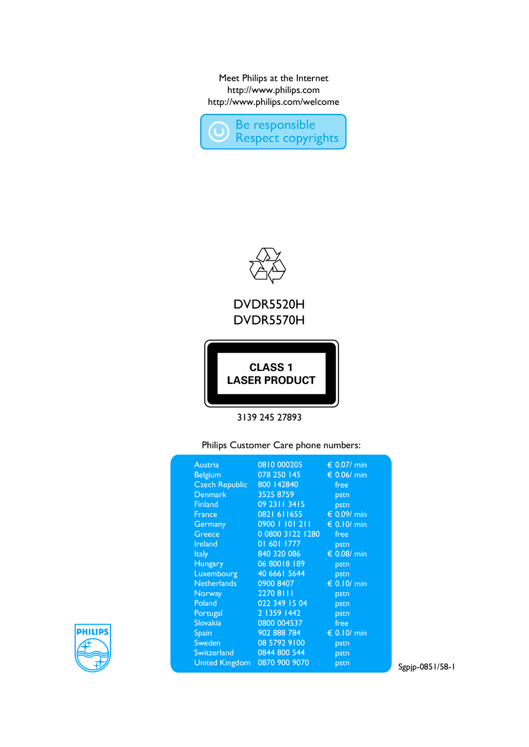 PYLE Audio DVDR5520H user manual Meet Philips at the Internet, 3139 245 Philips Customer Care phone numbers, 112 