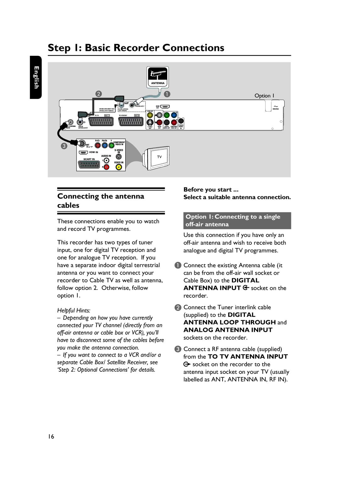 PYLE Audio DVDR5520H user manual Basic Recorder Connections, Connecting the antenna cables, Analog Antenna Input 