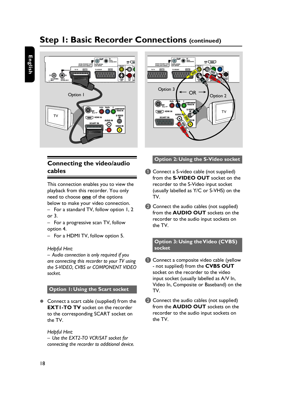 PYLE Audio DVDR5520H Connecting the video/audio cables, Option 1 Using the Scart socket, Option 2 Using the S-Video socket 