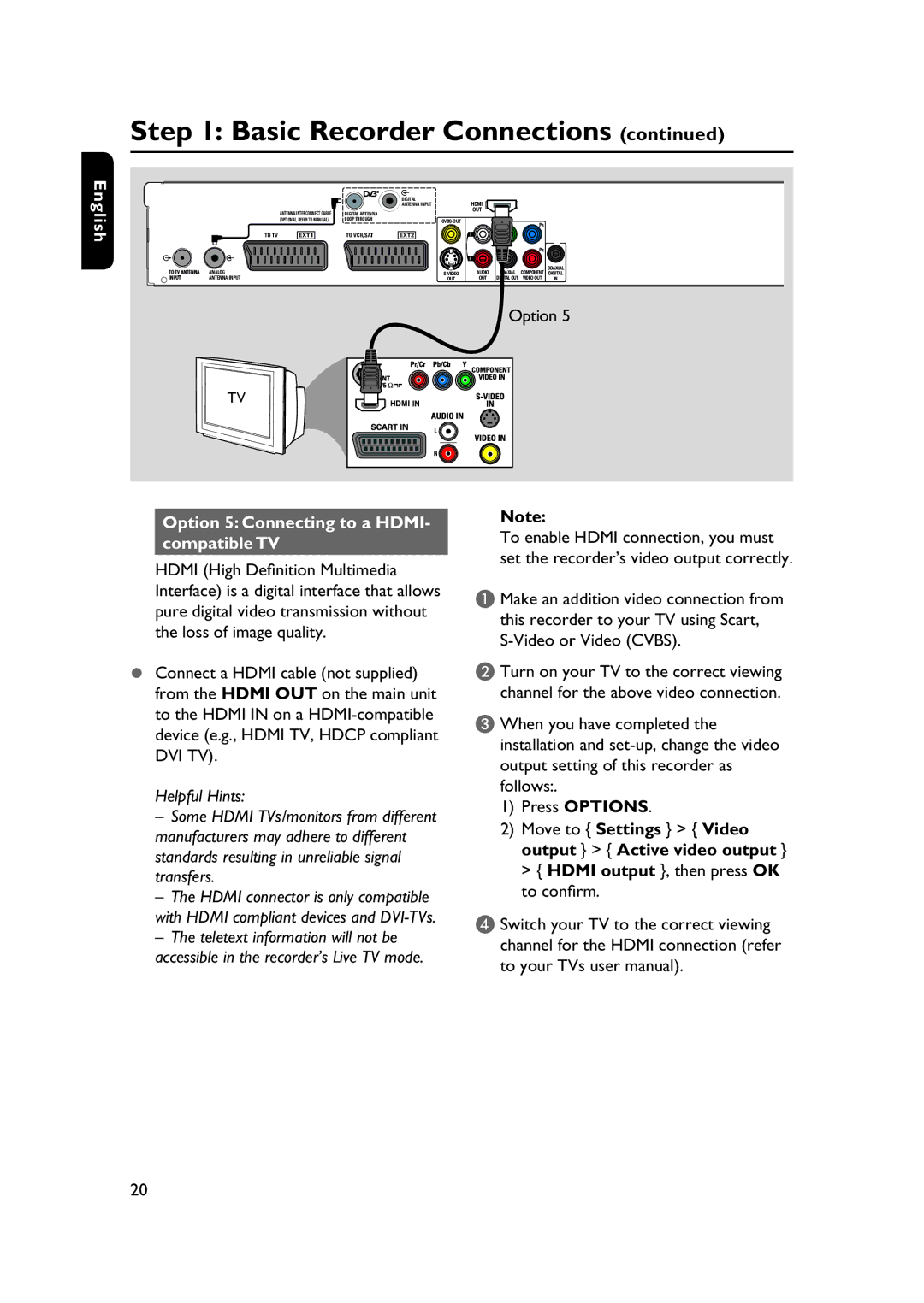 PYLE Audio DVDR5520H user manual Option 5 Connecting to a HDMI- compatible TV 