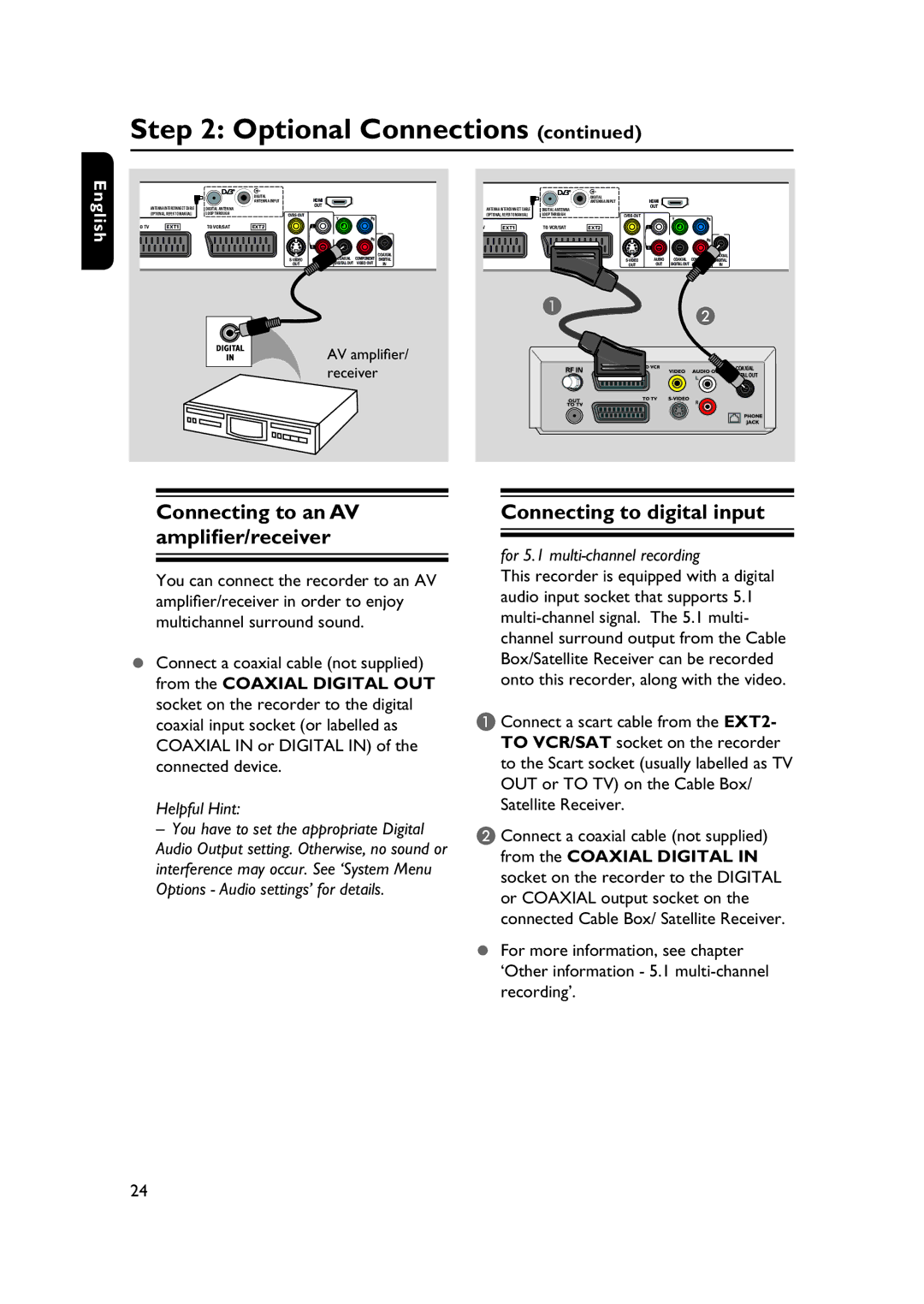 PYLE Audio DVDR5520H user manual Connecting to an AV amplifier/receiver, Connecting to digital input 