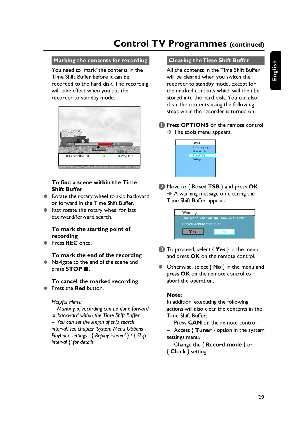 PYLE Audio DVDR5520H user manual Marking the contents for recording, Clearing the Time Shift Buffer 