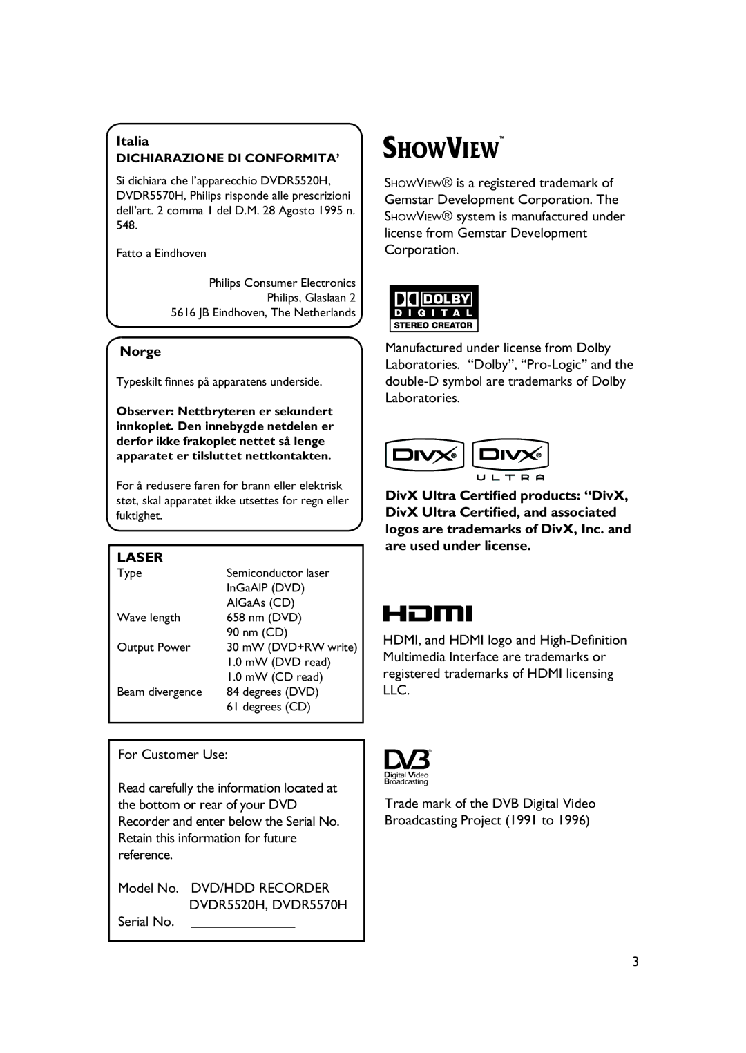 PYLE Audio DVDR5520H user manual Italia, Norge, Laser 