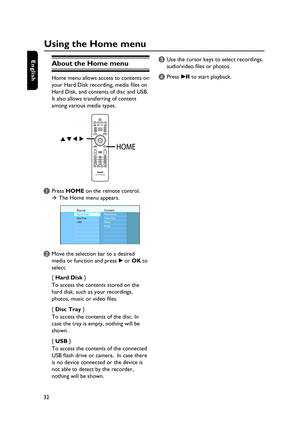 PYLE Audio DVDR5520H user manual Using the Home menu, About the Home menu, Hard Disk, Disc Tray 