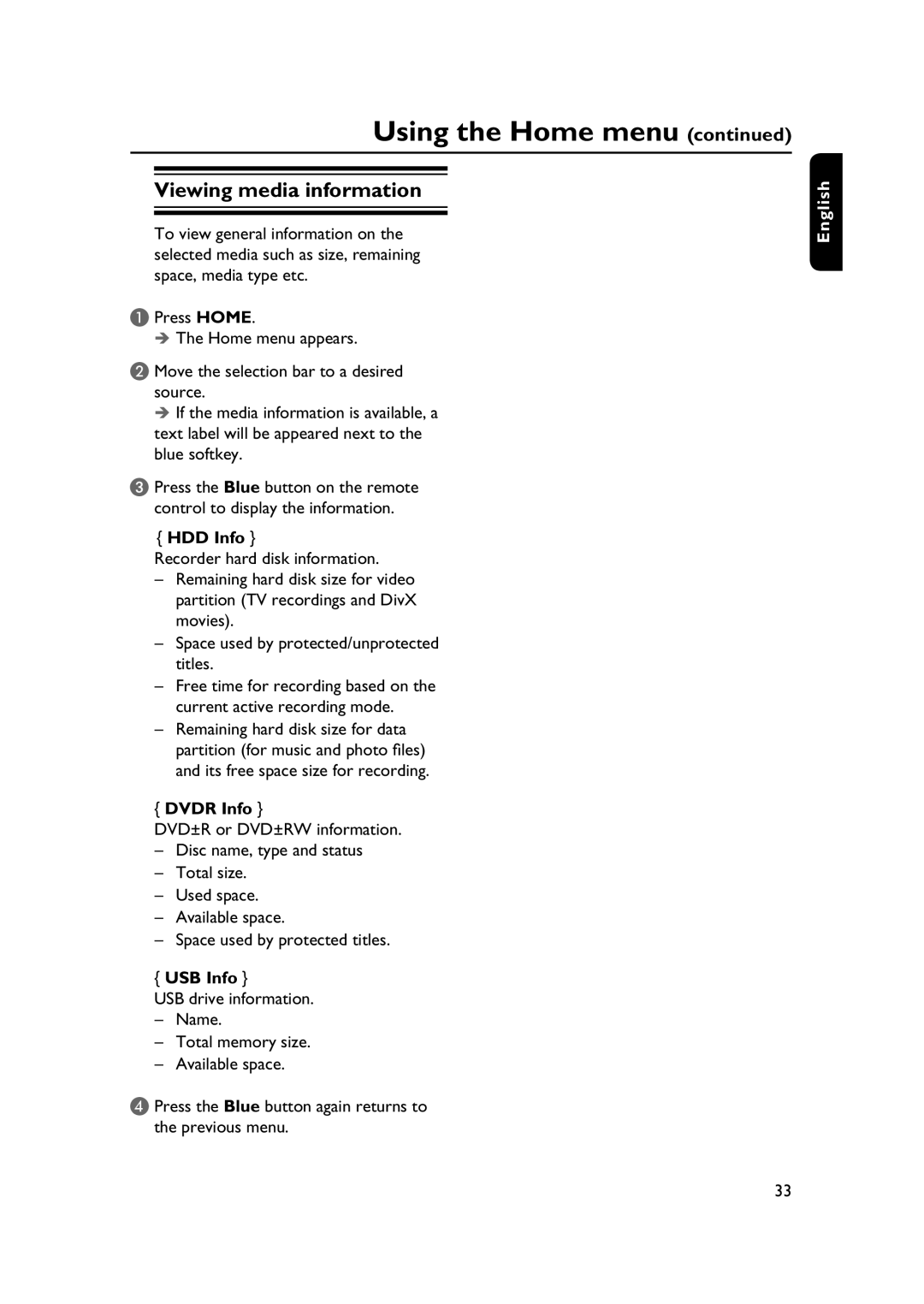 PYLE Audio DVDR5520H user manual Viewing media information, HDD Info, Dvdr Info, USB Info 