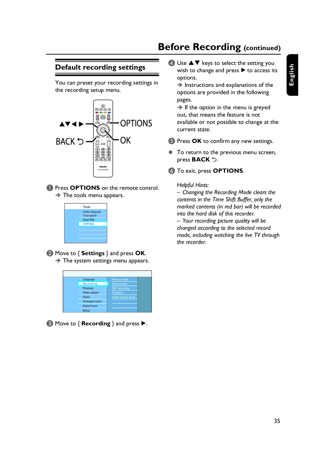 PYLE Audio DVDR5520H user manual Default recording settings, Recording 