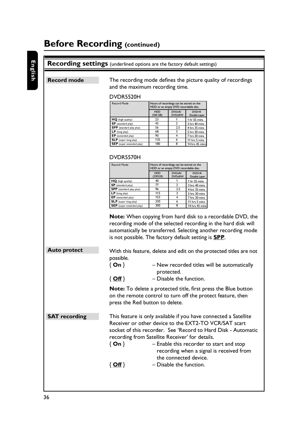 PYLE Audio DVDR5520H user manual Record mode, Auto protect SAT recording 