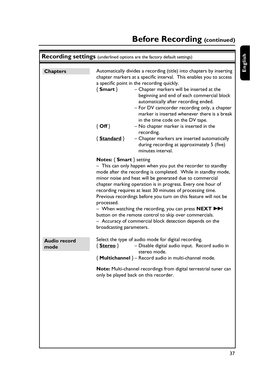 PYLE Audio DVDR5520H user manual Chapters Audio record mode 