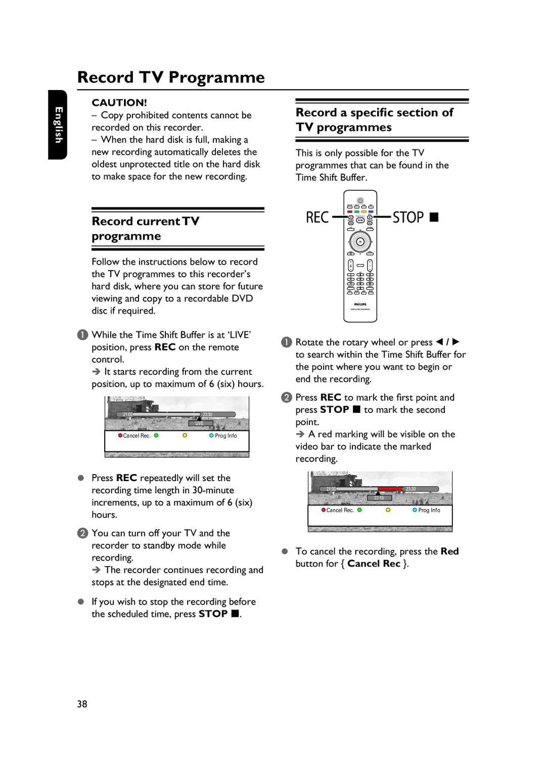 PYLE Audio DVDR5520H Record TV Programme, Record a specific section of TV programmes, Record current TV programme 