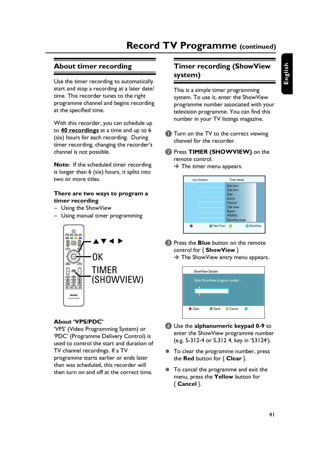 PYLE Audio DVDR5520H user manual About timer recording, Timer recording ShowView system 