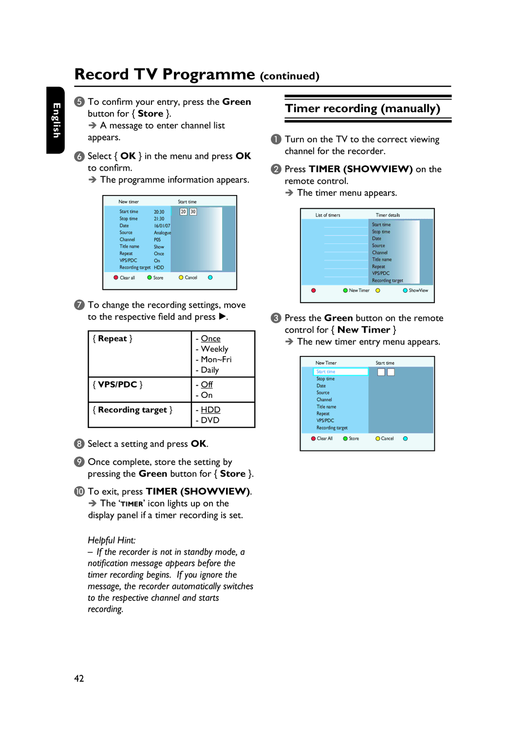 PYLE Audio DVDR5520H user manual Timer recording manually, Select a setting and press OK 