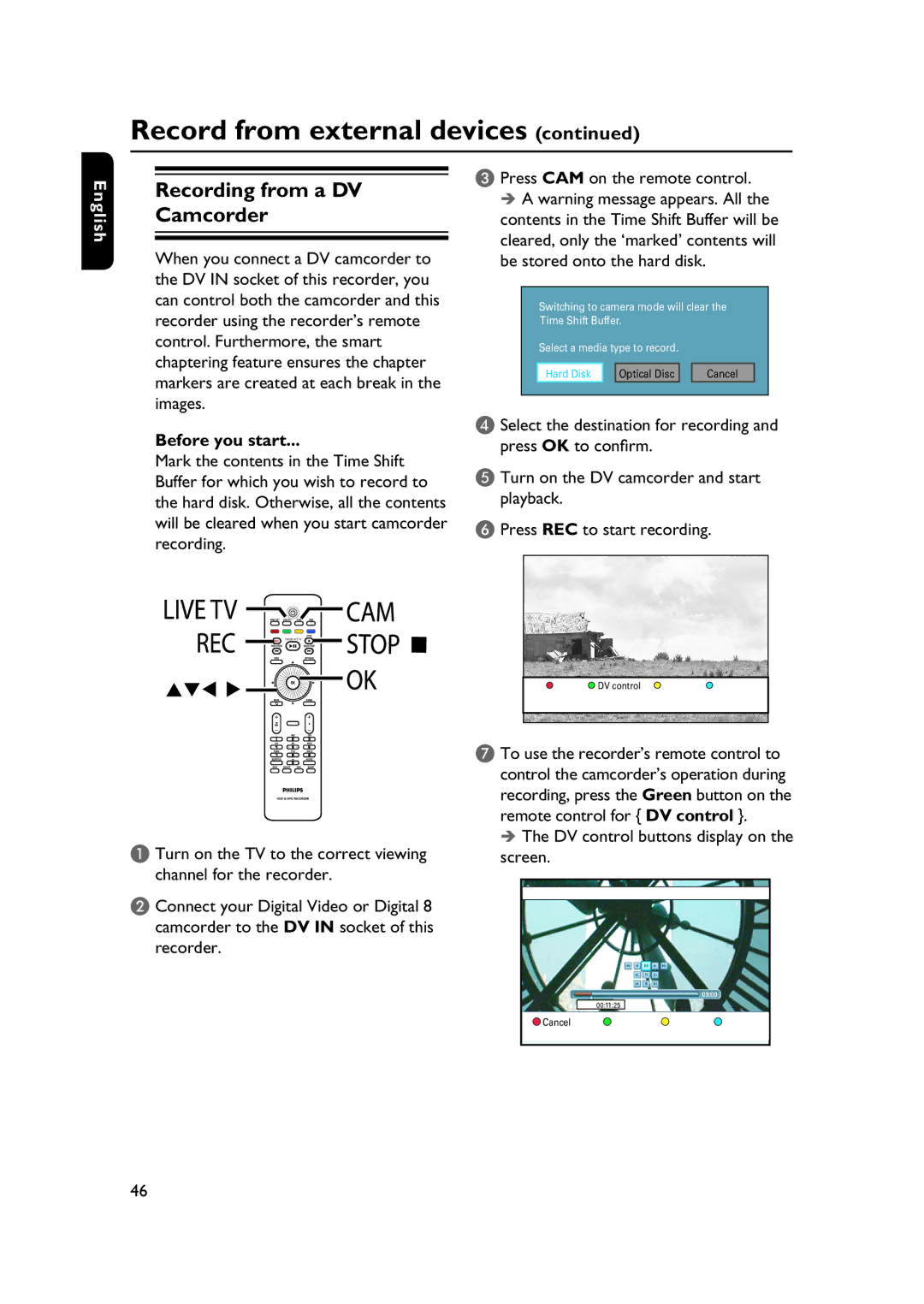 PYLE Audio DVDR5520H user manual Recording from a DV Camcorder, DV control buttons display on the screen 