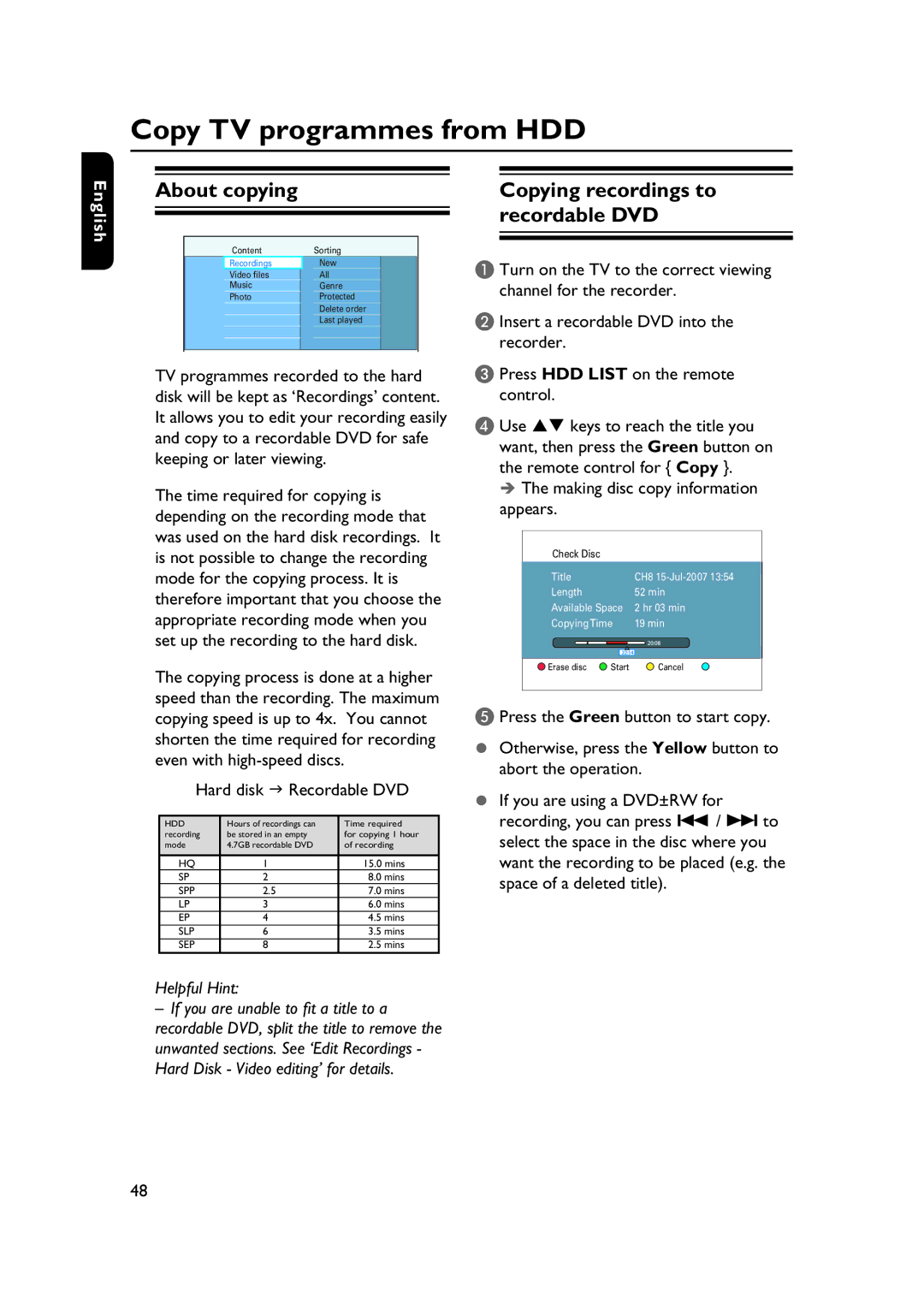 PYLE Audio DVDR5520H user manual Copy TV programmes from HDD, About copying, Copying recordings to recordable DVD 