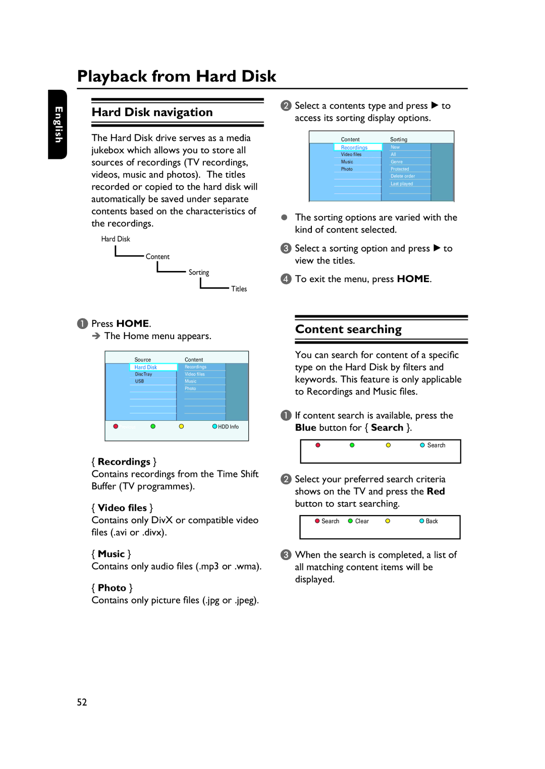 PYLE Audio DVDR5520H user manual Playback from Hard Disk, Hard Disk navigation, Content searching 