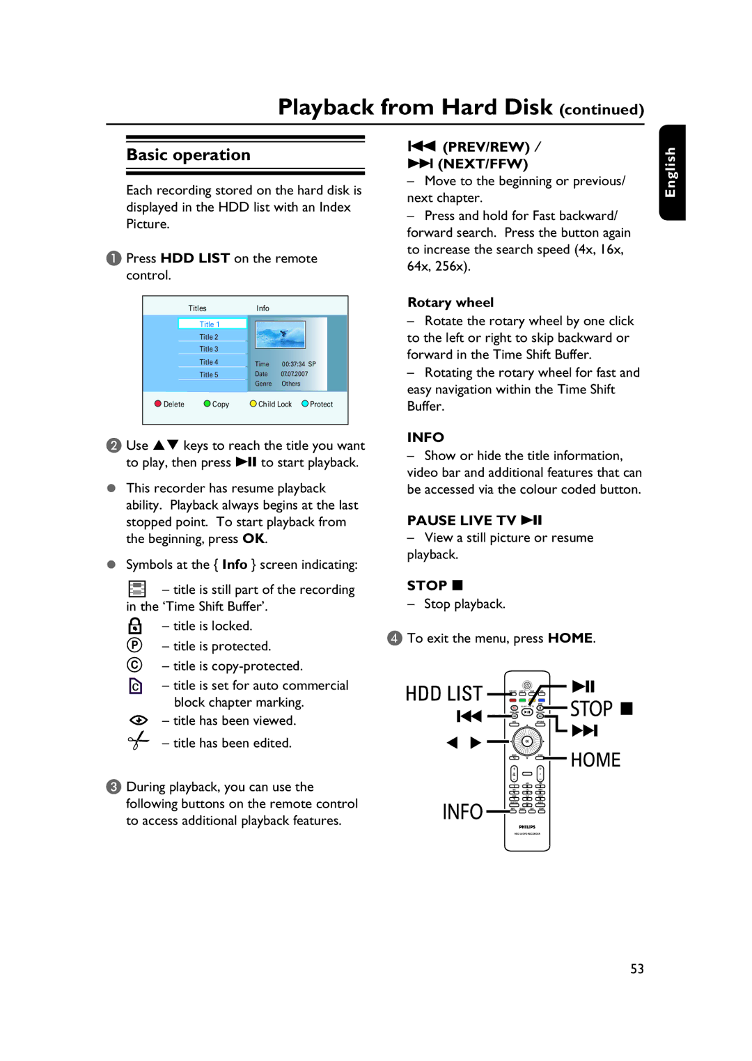 PYLE Audio DVDR5520H user manual Basic operation, Prev/Rew / Next/Ffw, Rotary wheel, Info 