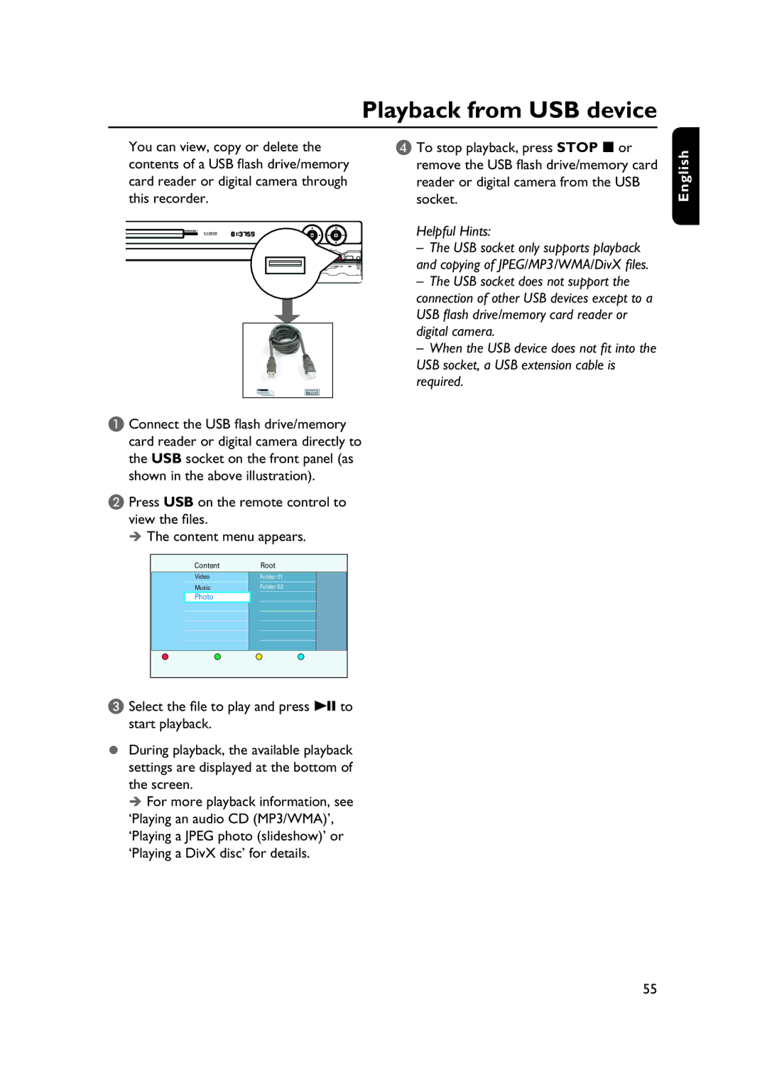 PYLE Audio DVDR5520H user manual Playback from USB device 