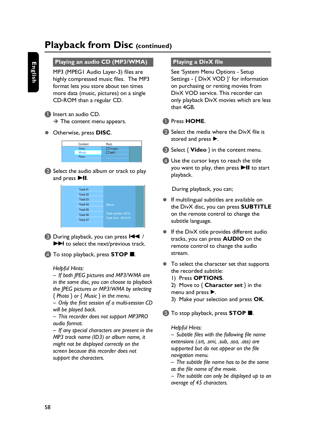 PYLE Audio DVDR5520H user manual English Playing an audio CD MP3/WMA, Select the audio album or track to play and press u 