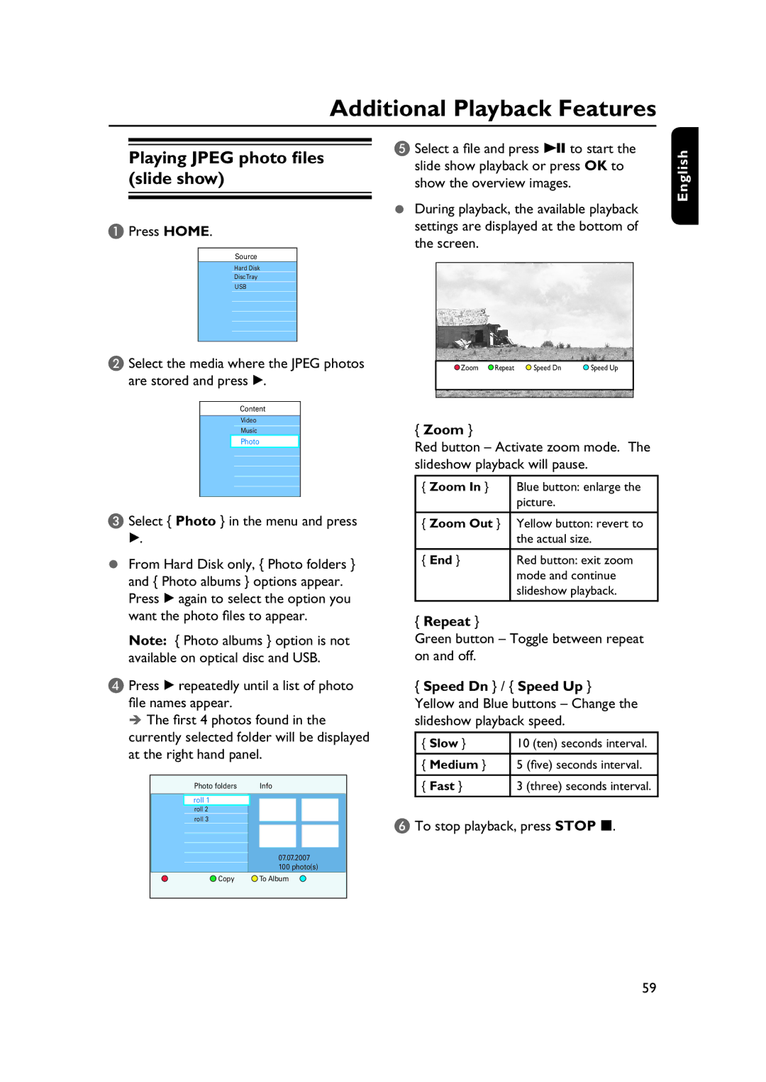 PYLE Audio DVDR5520H user manual Additional Playback Features, Playing Jpeg photo files slide show, Zoom, Repeat 