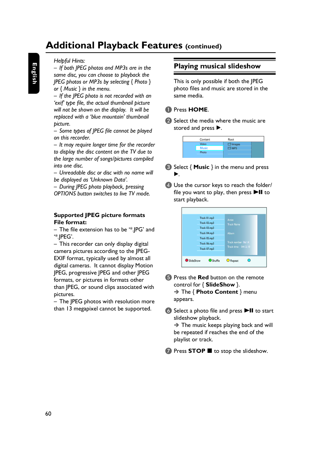 PYLE Audio DVDR5520H Playing musical slideshow, Supported Jpeg picture formats File format, Photo Content menu appears 