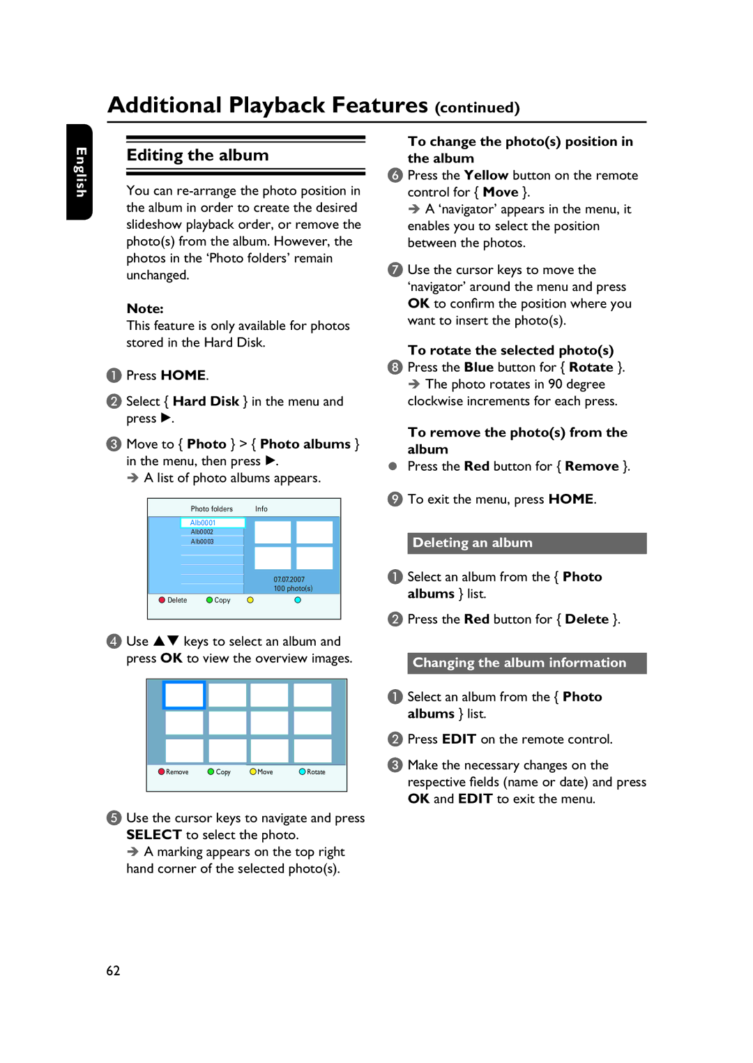 PYLE Audio DVDR5520H user manual Editing the album, Deleting an album, Changing the album information 