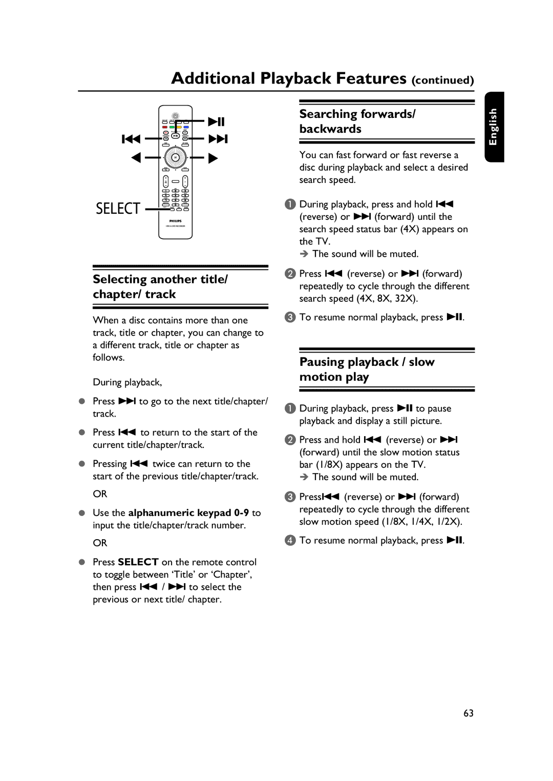 PYLE Audio DVDR5520H user manual Backwards, Selecting another title/ chapter/ track, Pausing playback / slow motion play 