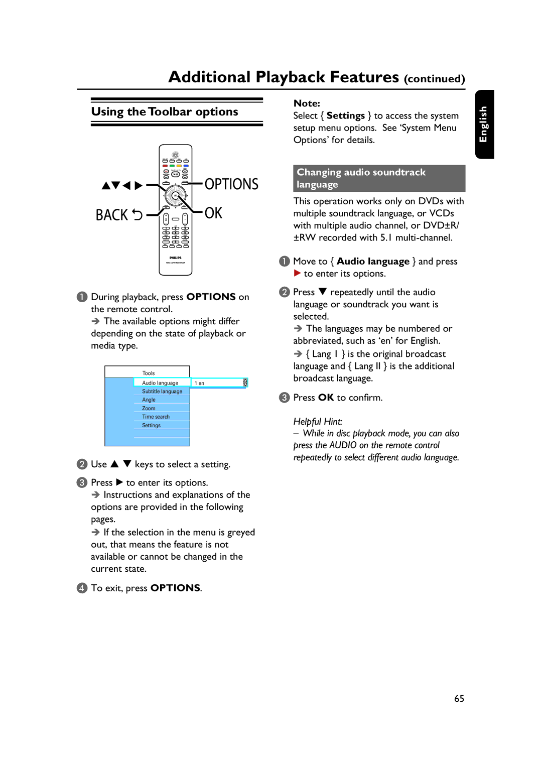 PYLE Audio DVDR5520H user manual Use keys to select a setting, Changing audio soundtrack language 