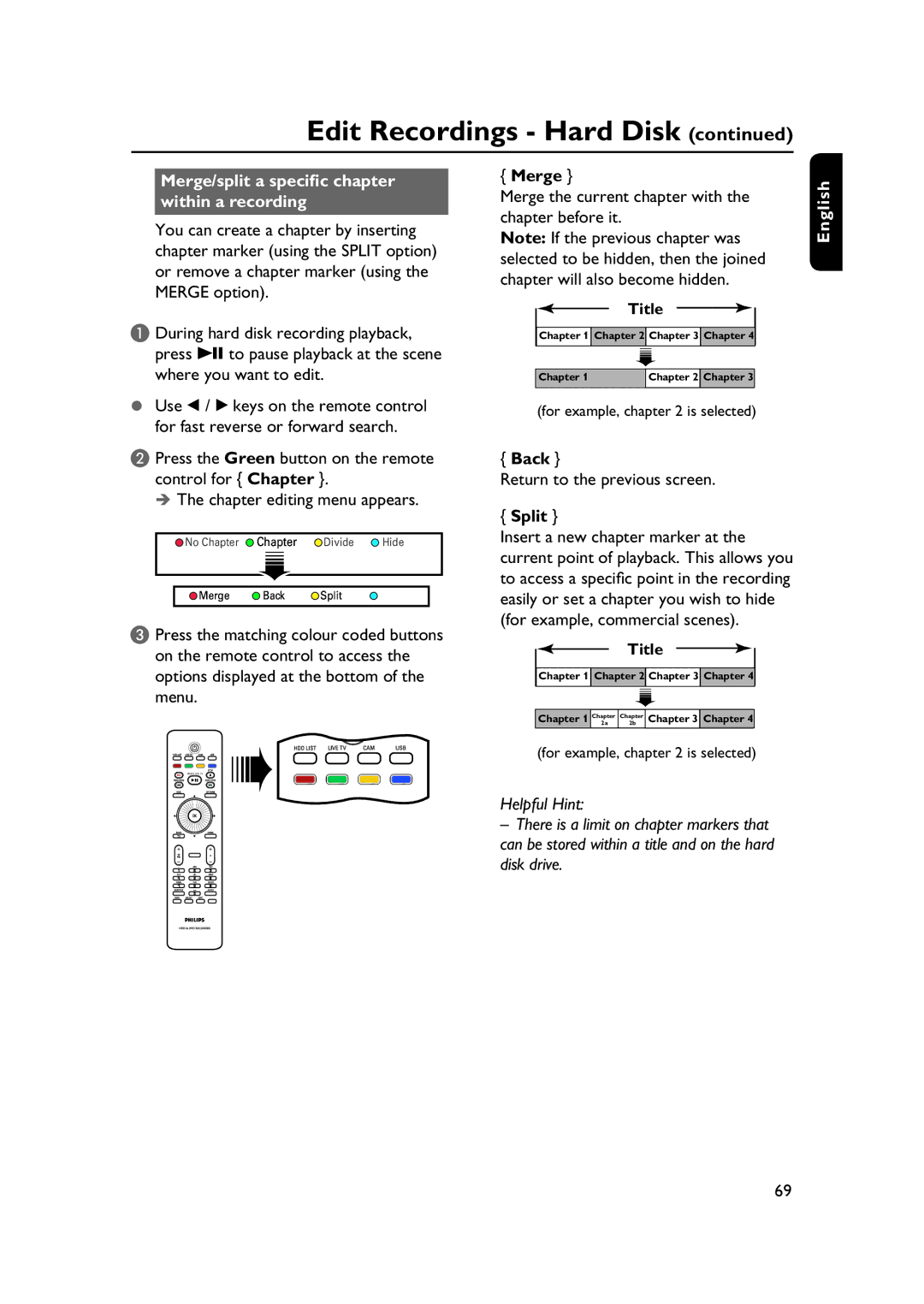 PYLE Audio DVDR5520H user manual Merge/split a specific chapter within a recording, Return to the previous screen, Split 