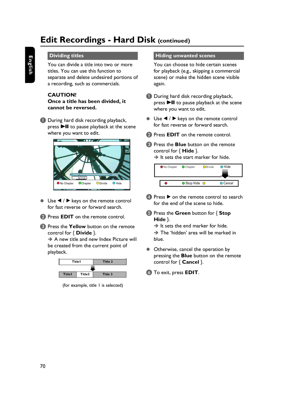 PYLE Audio DVDR5520H Dividing titles Hiding unwanted scenes English, Once a title has been divided, it cannot be reversed 
