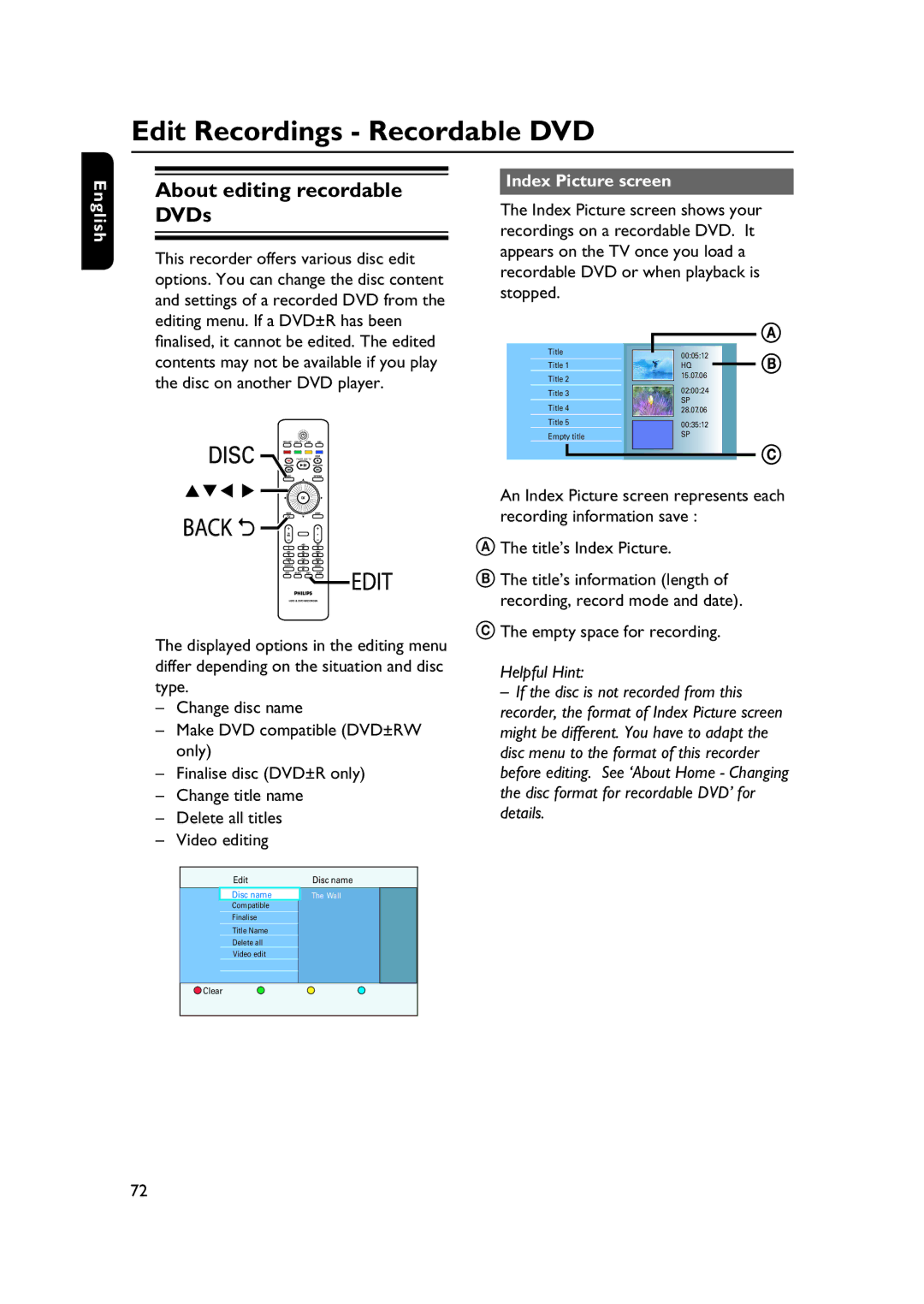 PYLE Audio DVDR5520H user manual Edit Recordings Recordable DVD, About editing recordable DVDs, Index Picture screen 