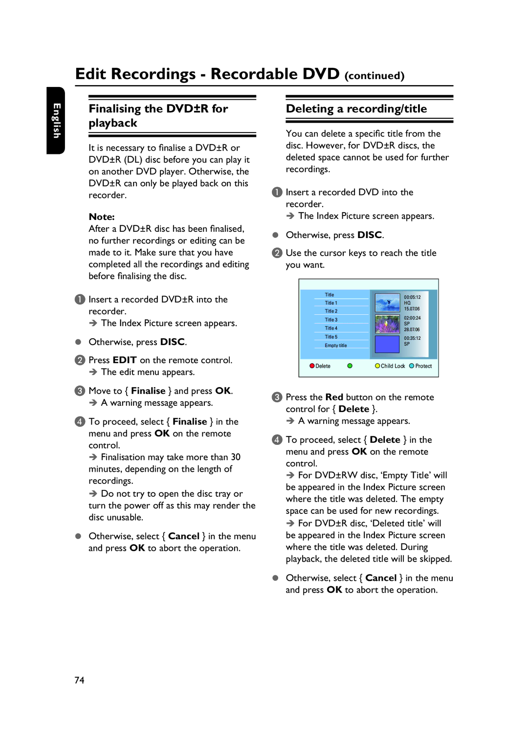 PYLE Audio DVDR5520H user manual Finalising the DVD±R for playback, Deleting a recording/title 