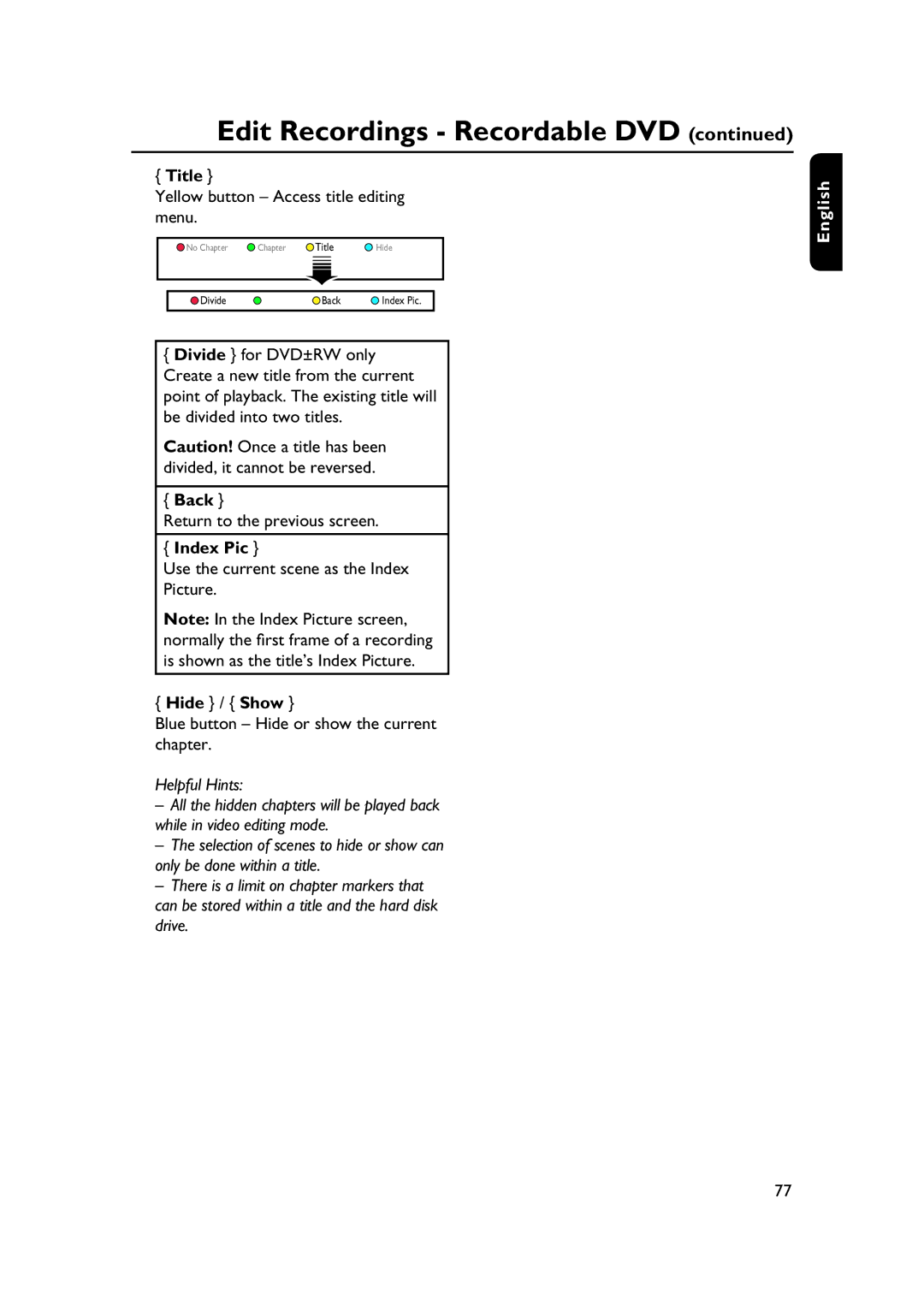 PYLE Audio DVDR5520H Title, Yellow button Access title editing menu, Use the current scene as the Index Picture 