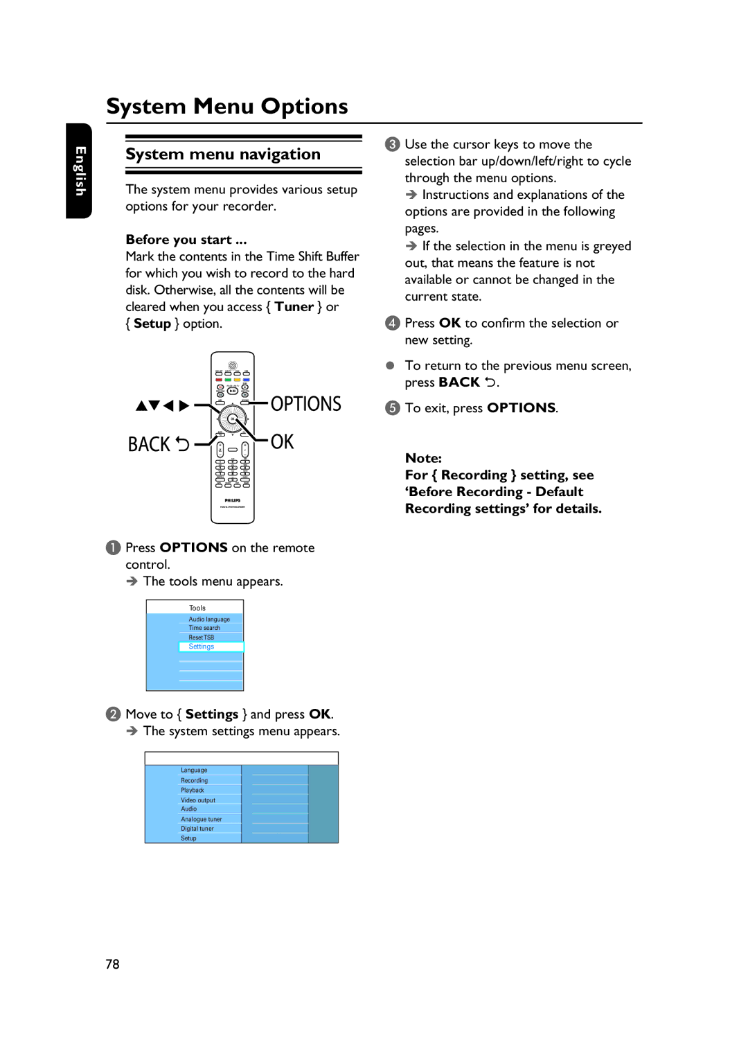 PYLE Audio DVDR5520H user manual System Menu Options, System menu navigation, Setup option 