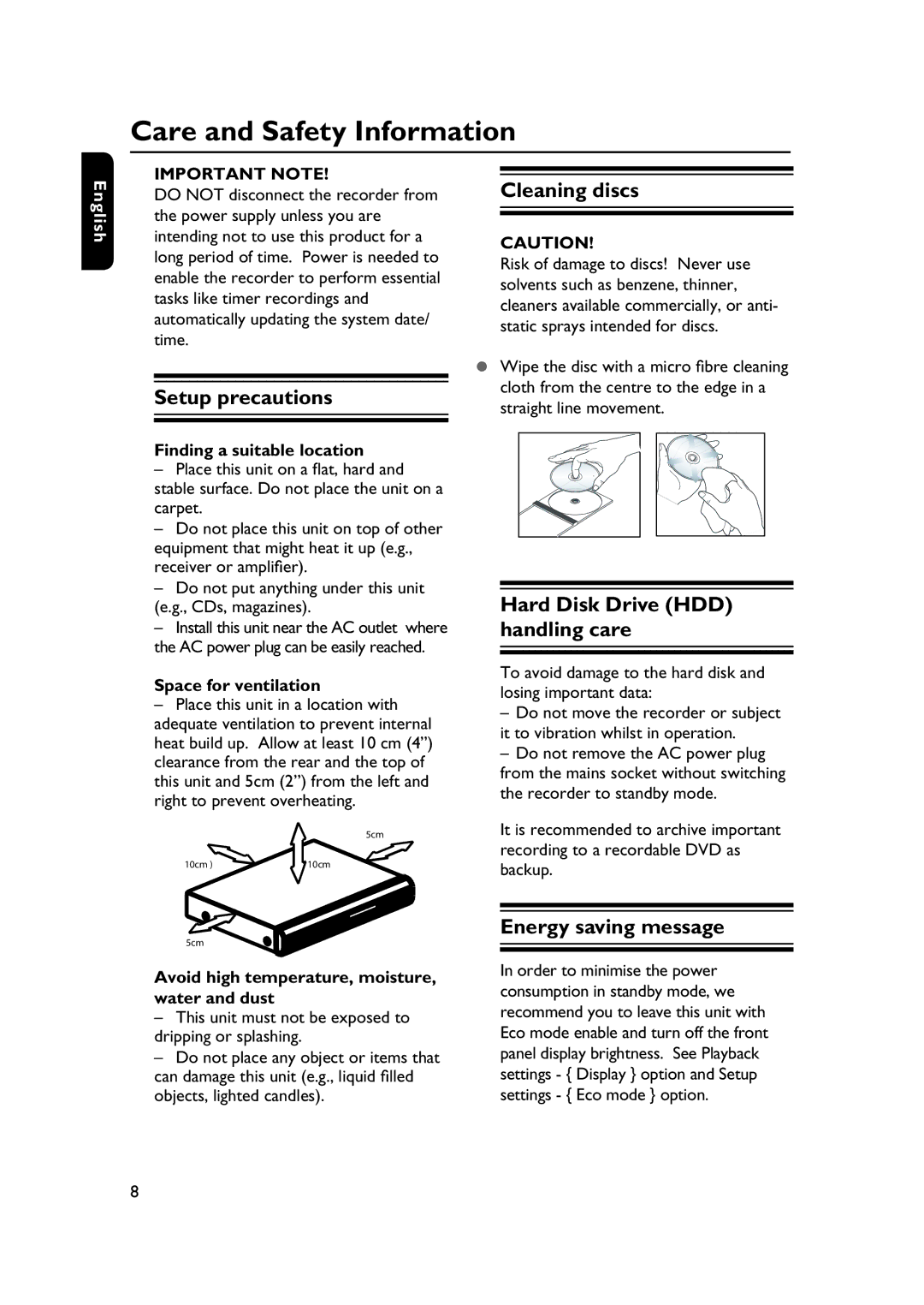 PYLE Audio DVDR5520H Care and Safety Information, Setup precautions, Cleaning discs, Hard Disk Drive HDD handling care 