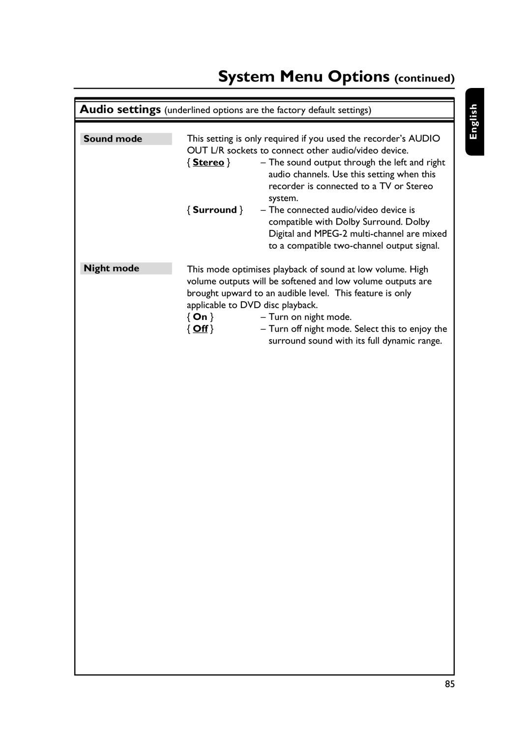 PYLE Audio DVDR5520H user manual Sound mode, Stereo, Surround, Night mode 