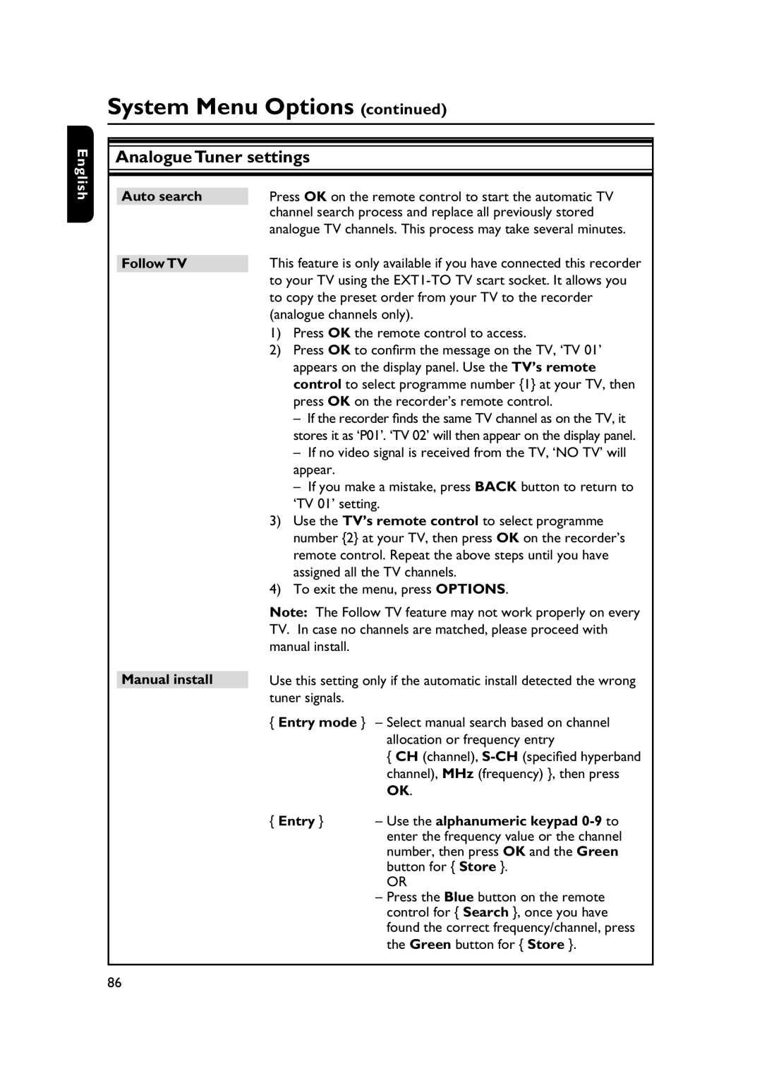 PYLE Audio DVDR5520H user manual Analogue Tuner settings, Auto search Follow TV Manual install 