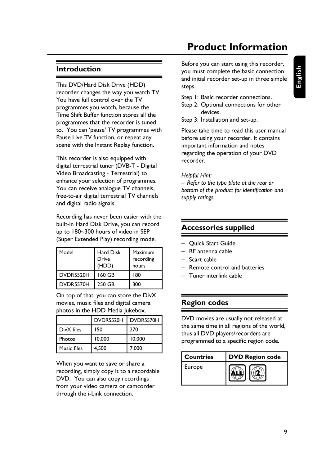 PYLE Audio DVDR5520H user manual Product Information, Introduction, Accessories supplied, Region codes, All 