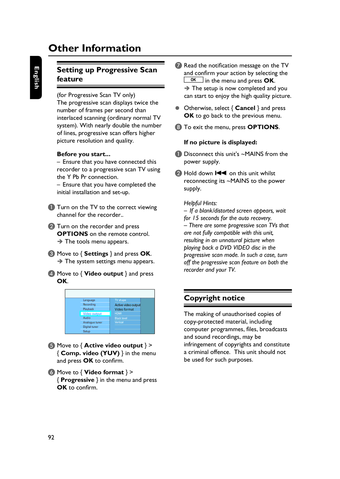 PYLE Audio DVDR5520H Other Information, Setting up Progressive Scan feature, Copyright notice, If no picture is displayed 