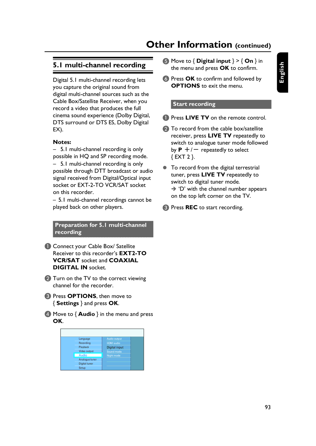 PYLE Audio DVDR5520H user manual Multi-channel recording, Preparation for 5.1 multi-channel recording, Start recording 