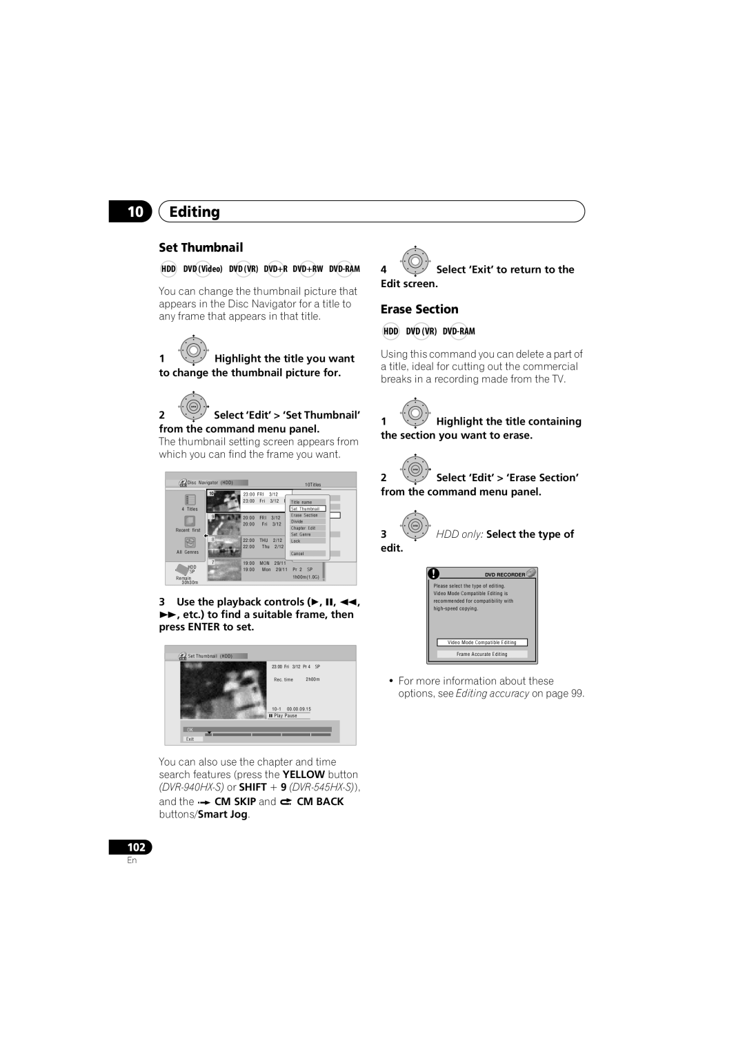 PYLE Audio DVR-940HX-S manual Set Thumbnail, Erase Section 